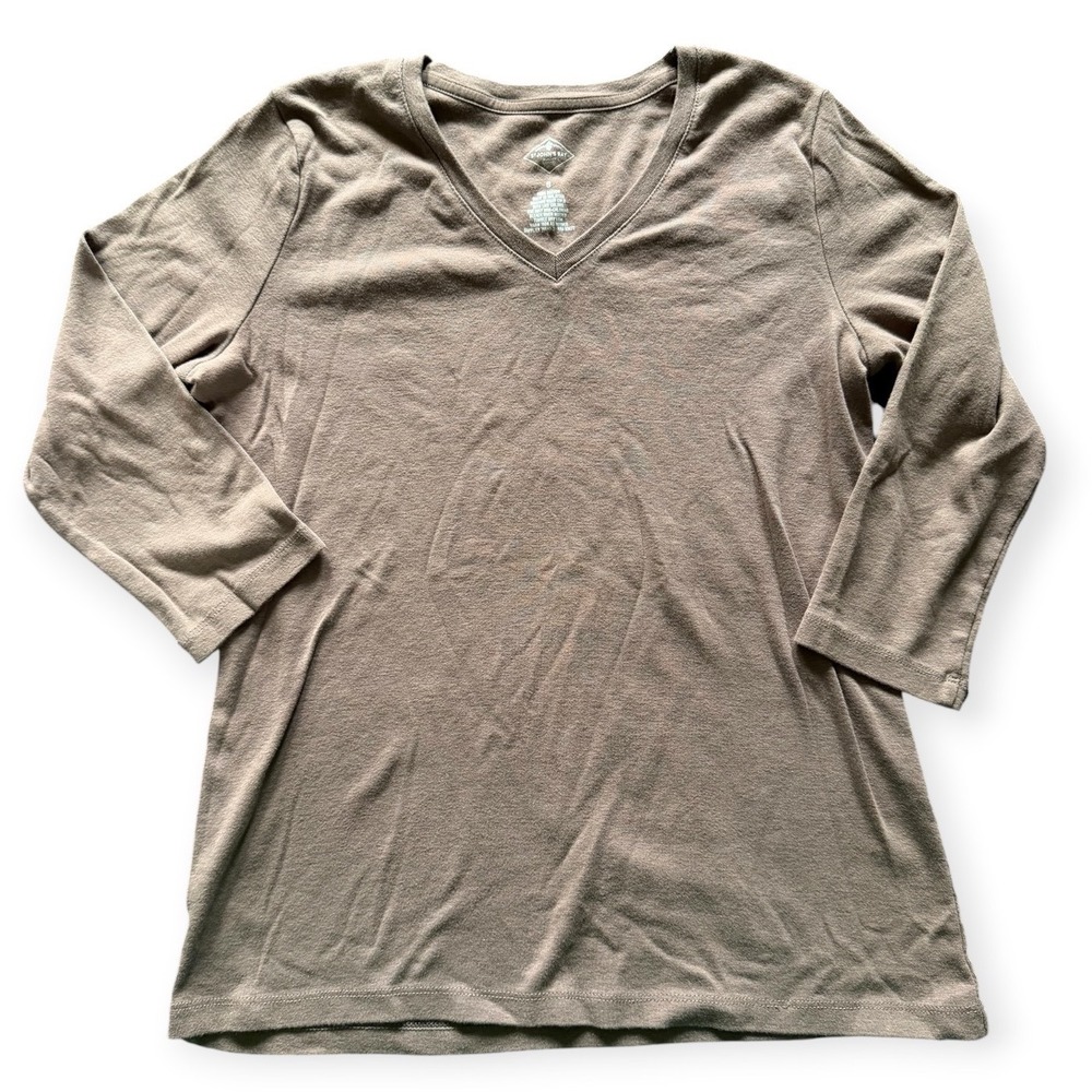St Johns Bay Womens V-Neck 3/4 Sleeve Cotton Tee Taupe Brown Small